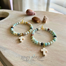 Load image into Gallery viewer, Amazonite Hoops with Cross
