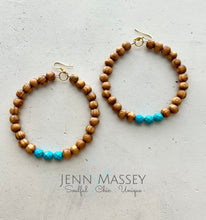 Load image into Gallery viewer, Boho Wooden Hoops (large) with turquoise accent
