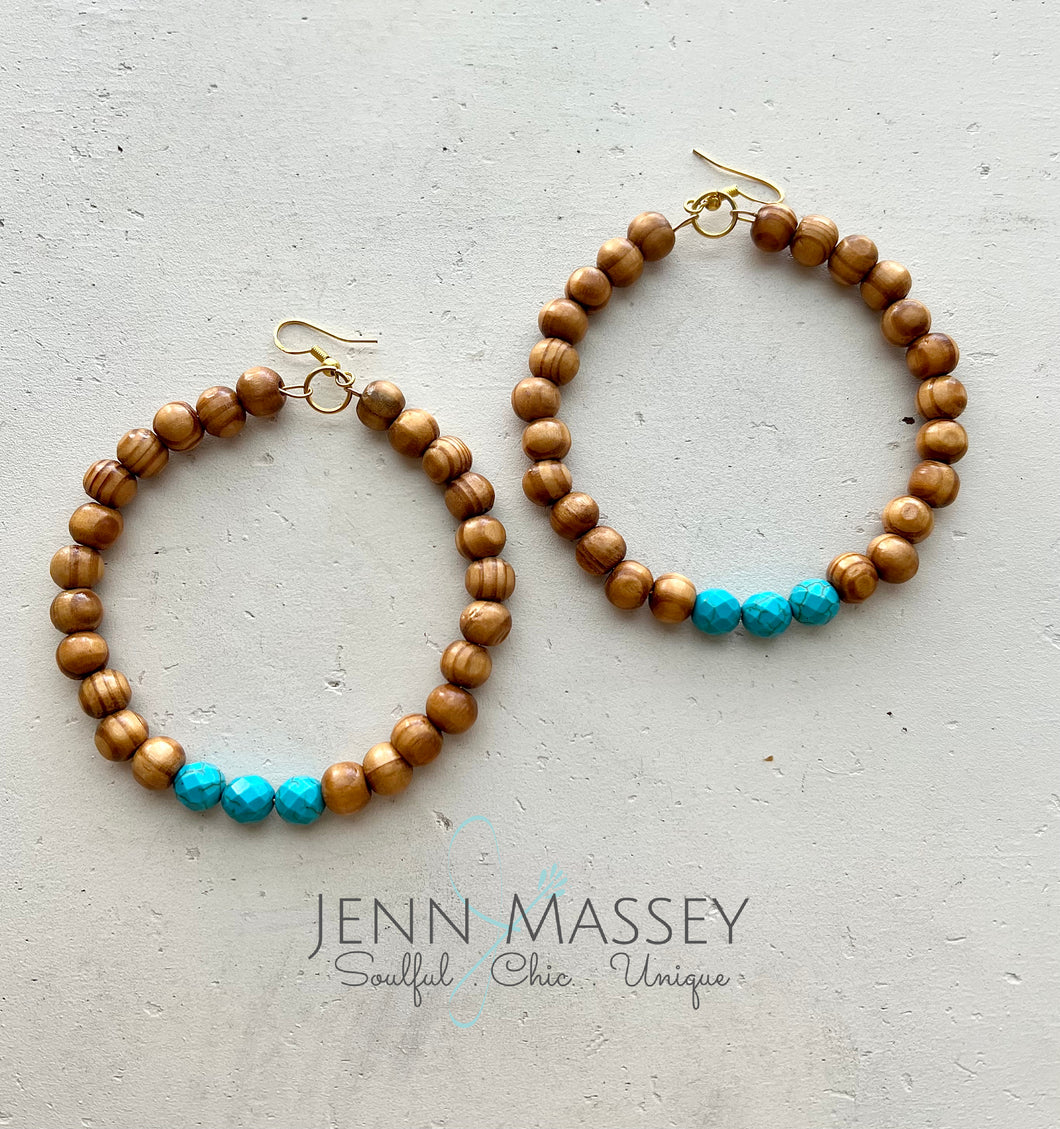 Boho Wooden Hoops (large) with turquoise accent