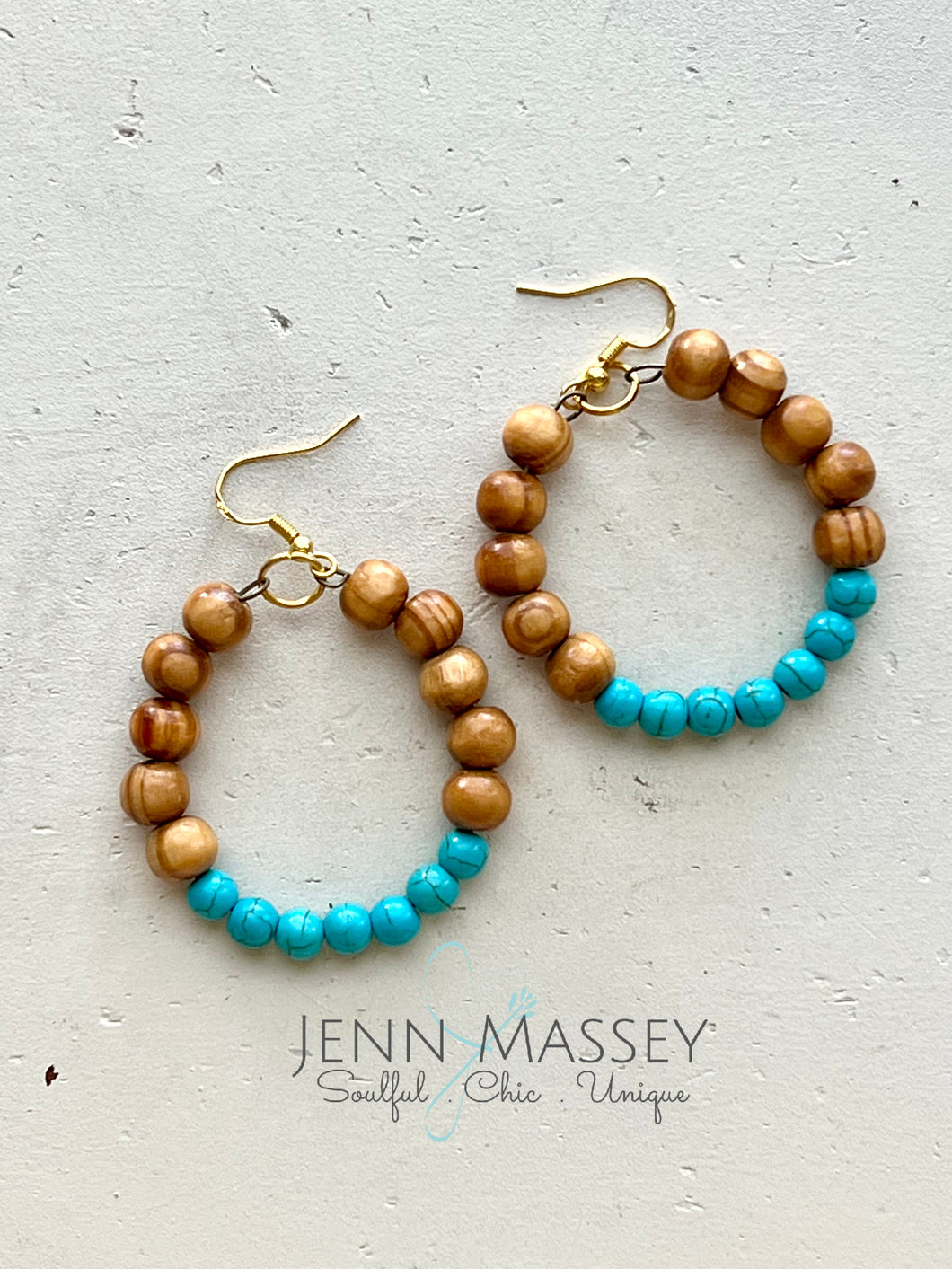 Wooden & Turquoise Beaded Hoops