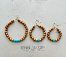 Load image into Gallery viewer, Boho Wooden Hoops (large) with turquoise accent
